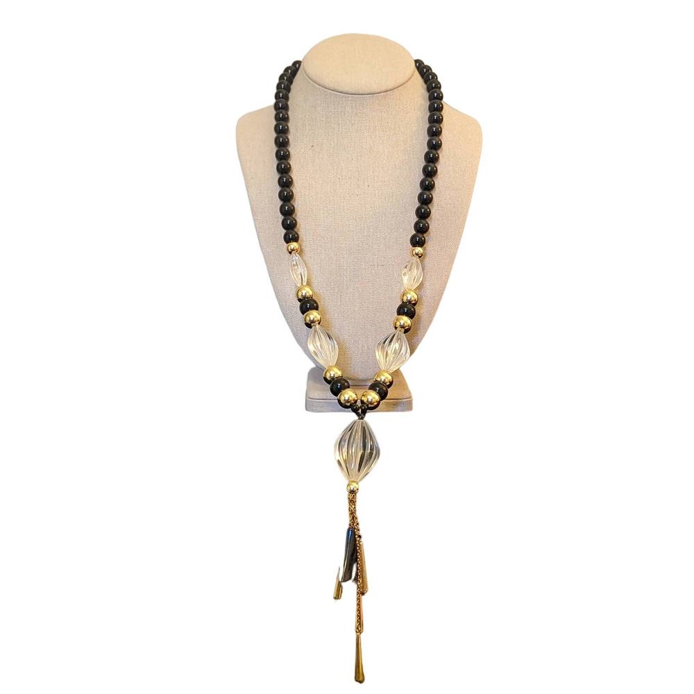 Art Deco Hollywood Glam Black Bead Clear Lucite Tassel Bold Statement Necklace